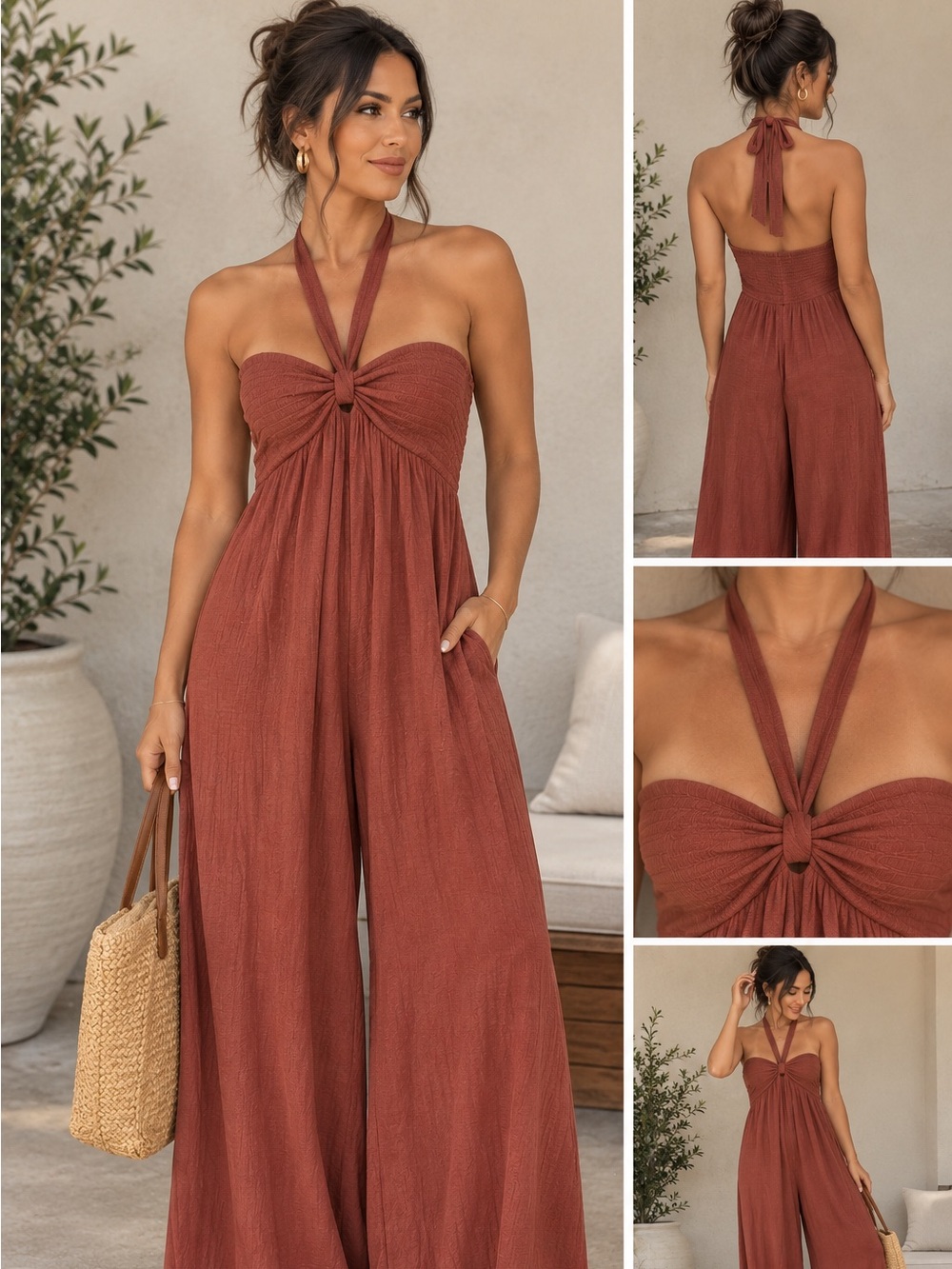 Wide jumpsuit Leg Pants in Camel Brown